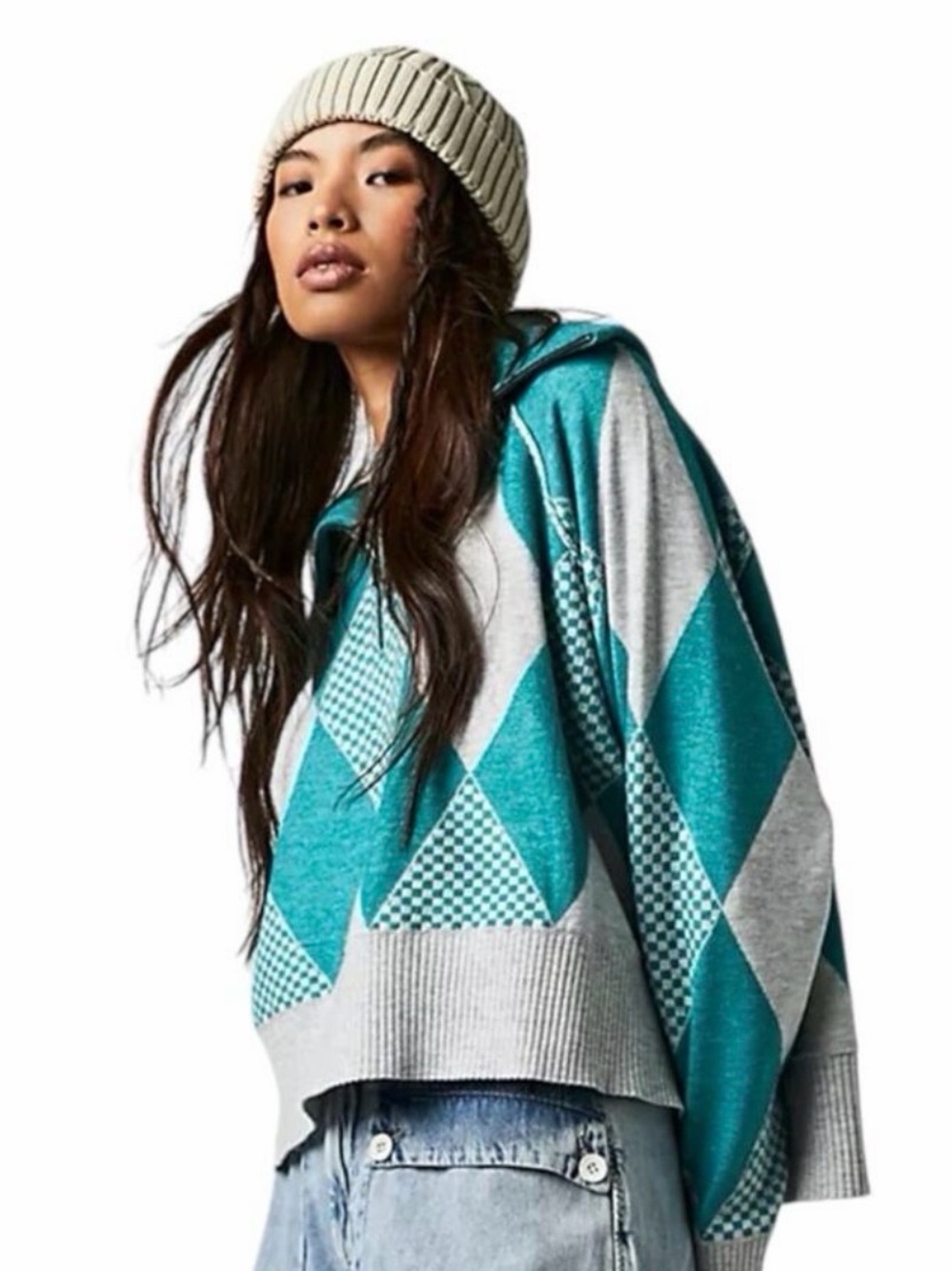Free People Lucy Half Zip Sweater Teal Diamond Knit Mock Neck Argyle Teal XS